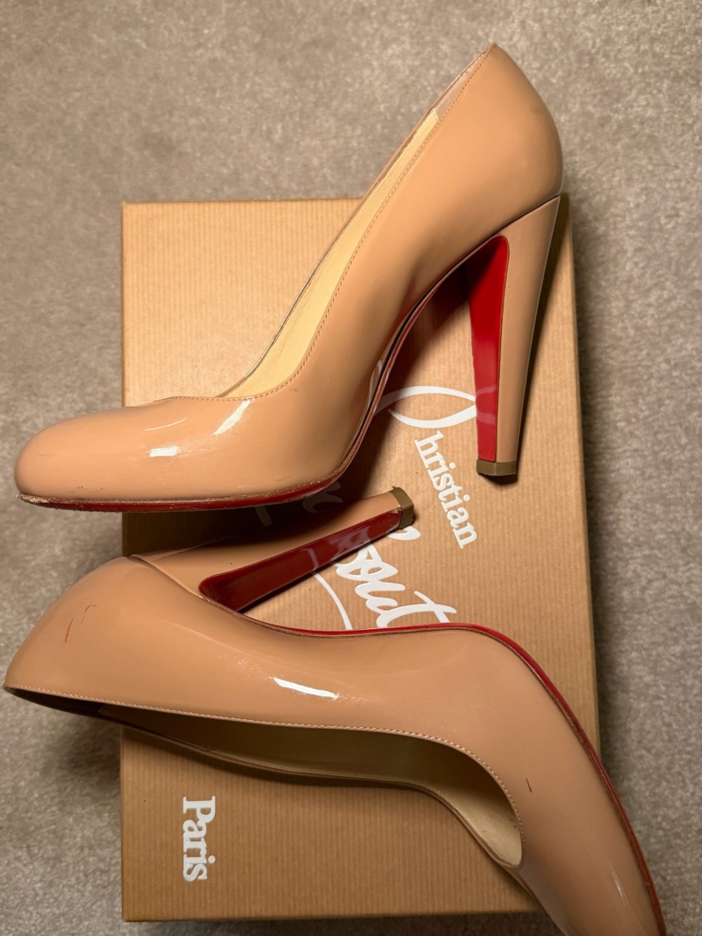 Christian Louboutin Nude Patent High Heel Pumps with Red Soles